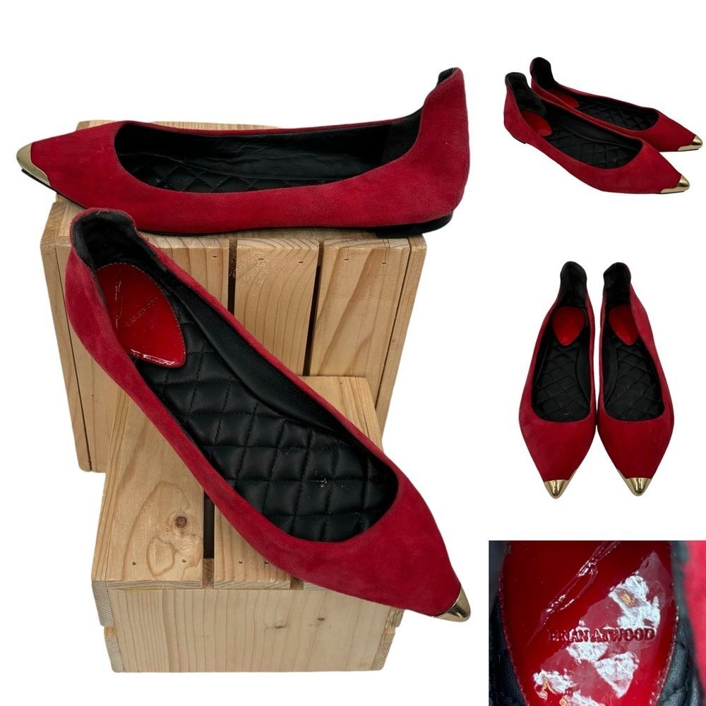 B Brian Atwood Violette Red Suede Pointed-Toe Ballet Flat Sz. 7.5